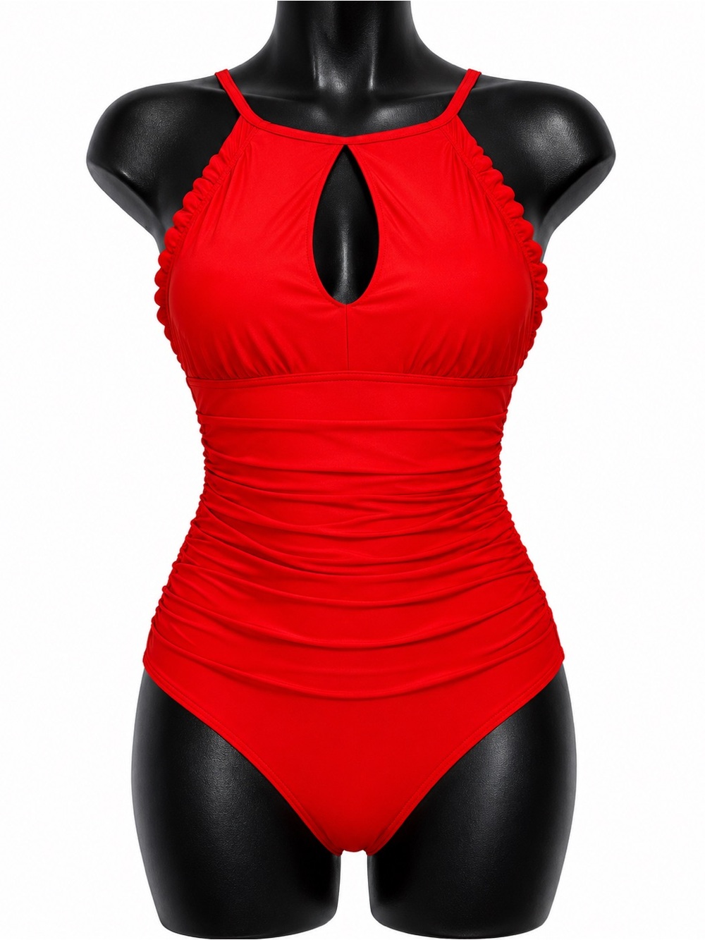Ellen Tracy Red Ruched One Piece Swimsuit Keyhole Front Size 12